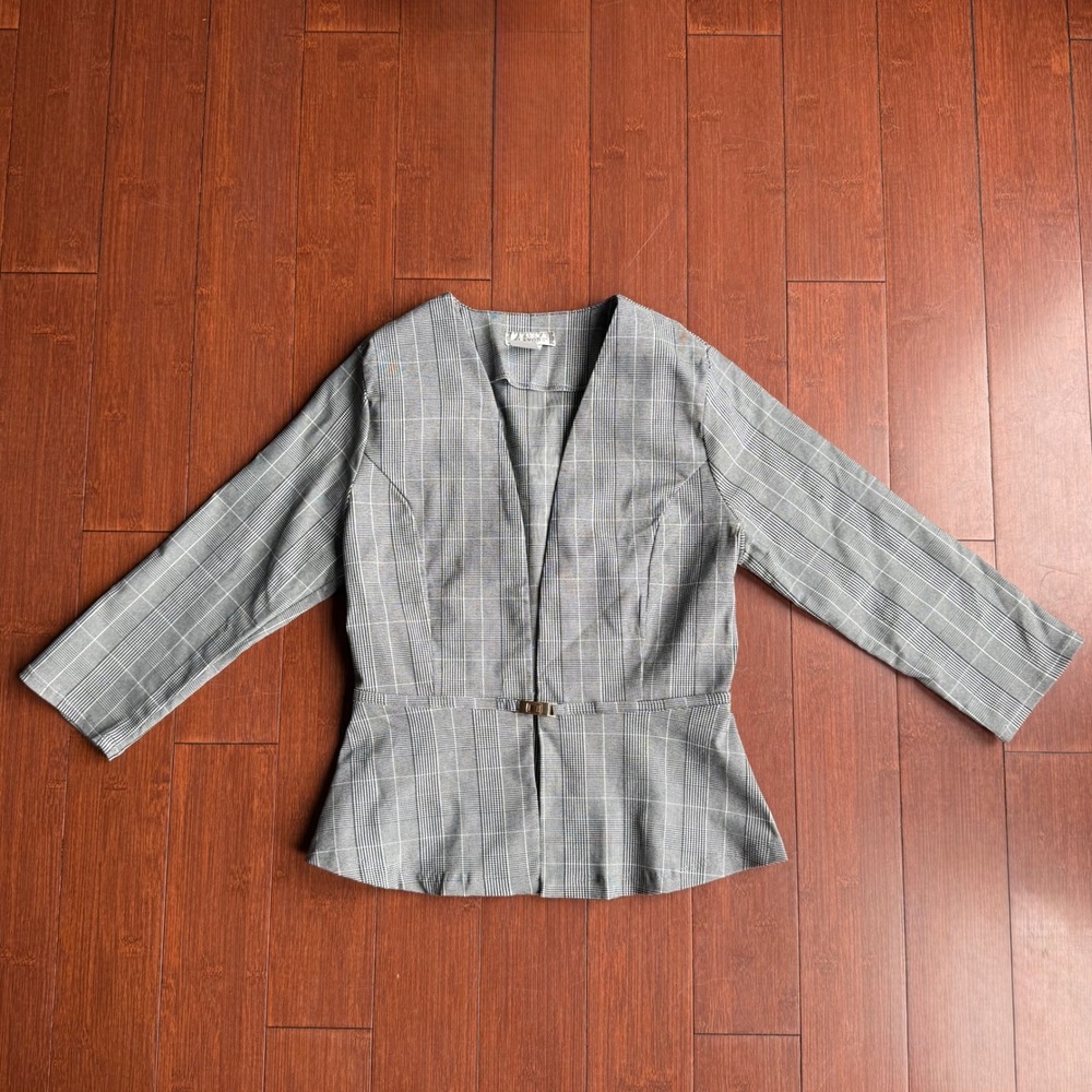 Vintage KLAXONS Women's Plaid Open Front Blazer Jacket Gold Buckle Peplum Size M